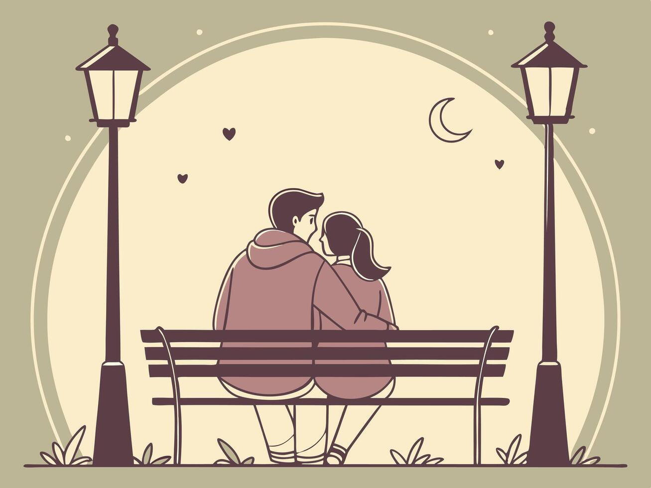 A bench sits beneath a dim streetlight, framing a couples intimate moment. vector