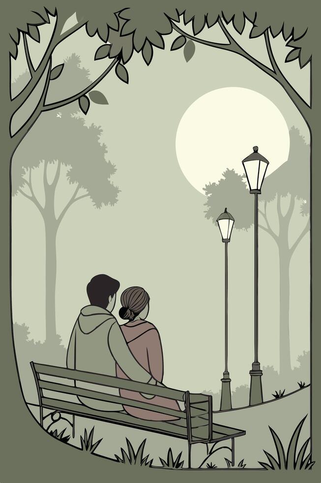 Lovers sit side by side in a tranquil park, their silhouettes framed by golden light. vector