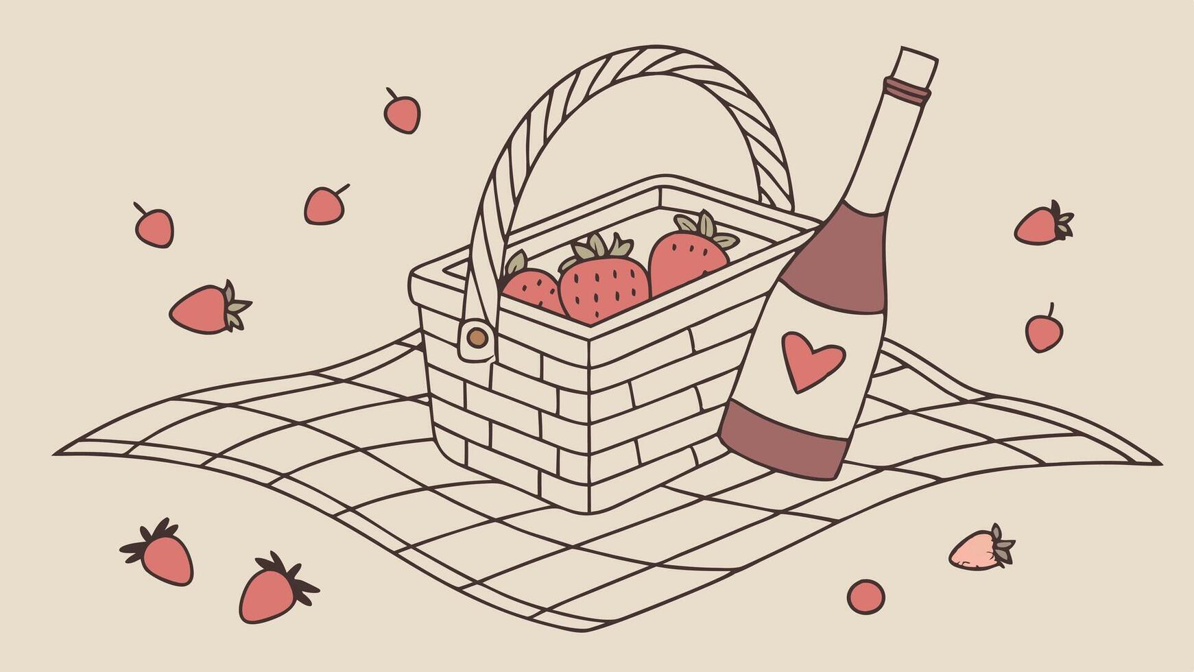 A charming picnic basket with a bottle of wine, fresh strawberries, and a soft blanket. The background remains neutral for text placement. vector