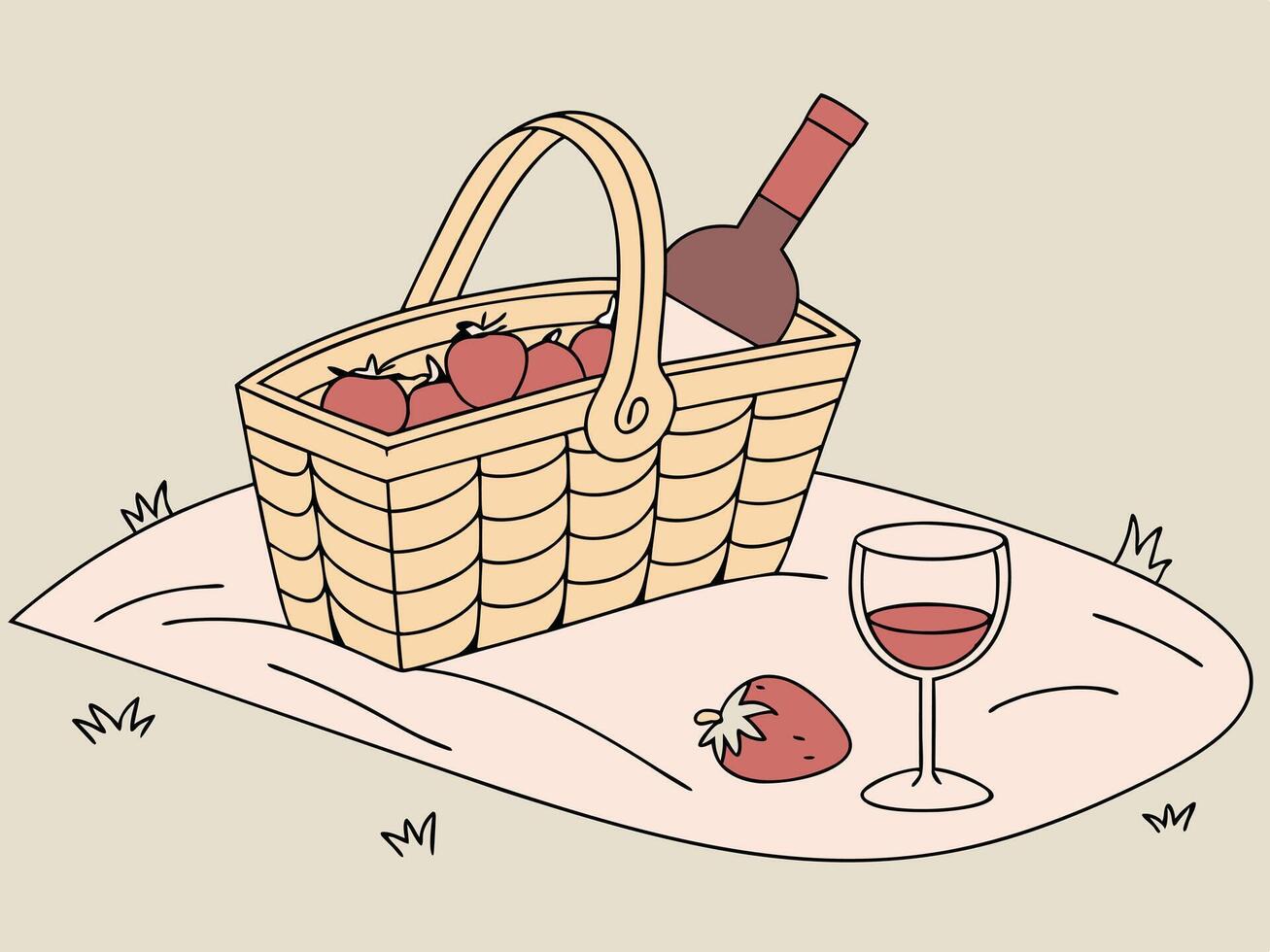 A cozy picnic scene features a bottle of wine, strawberries, and a soft blanket. vector