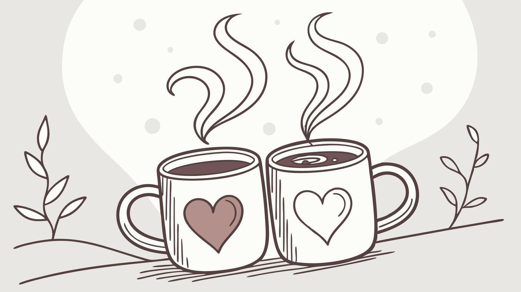 A heart appears in the air as steam rises from two warm drinks. vector