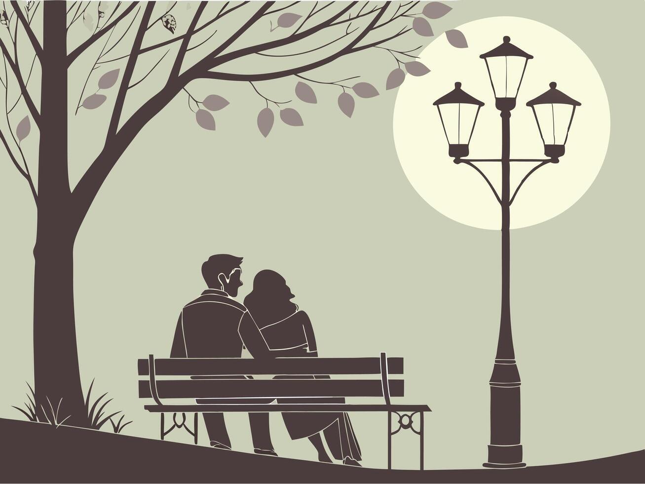A romantic park bench scene unfolds under warm evening lights. vector