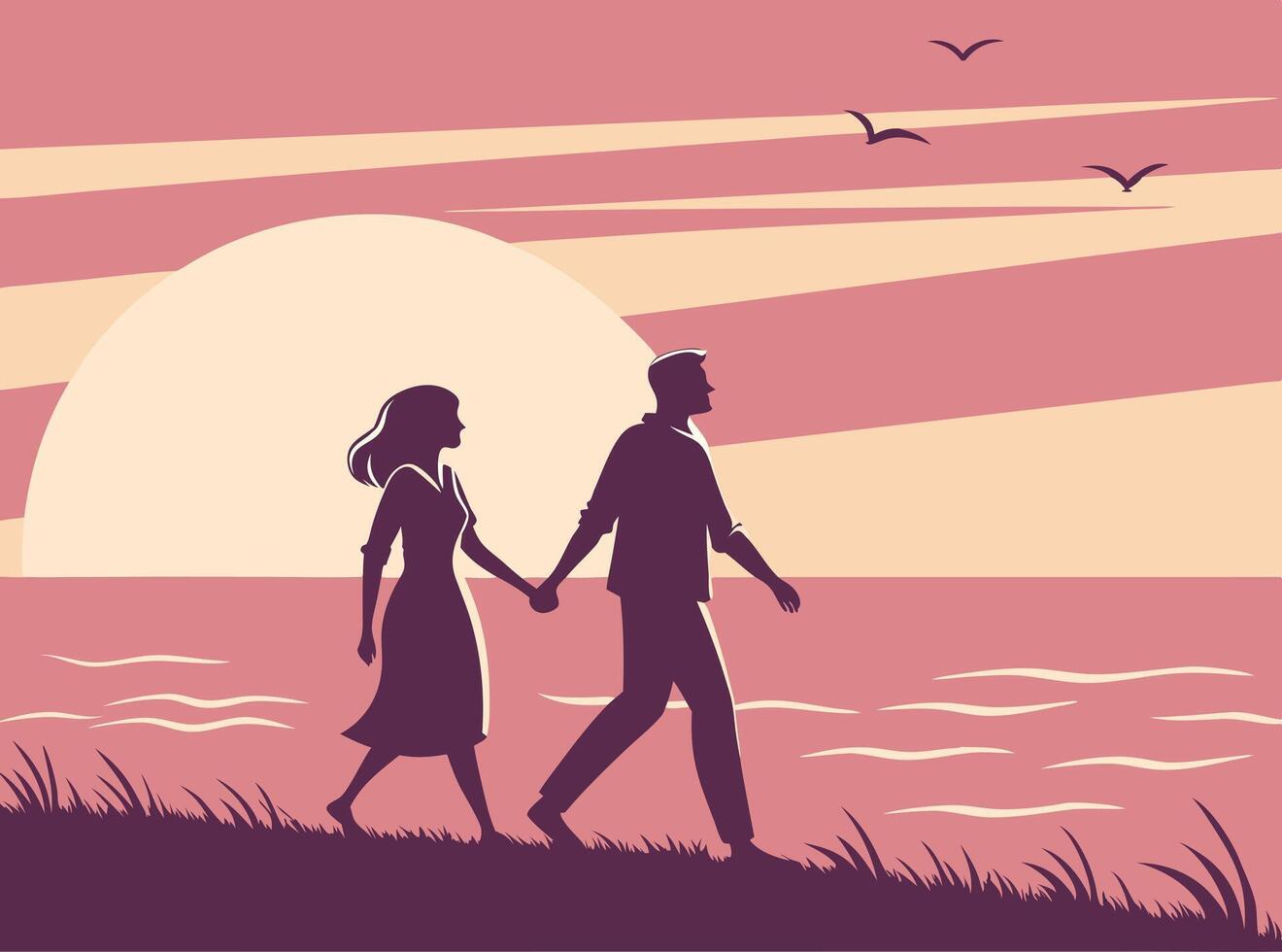 A couple walks hand in hand along the beach, their silhouettes outlined by the sunset. vector