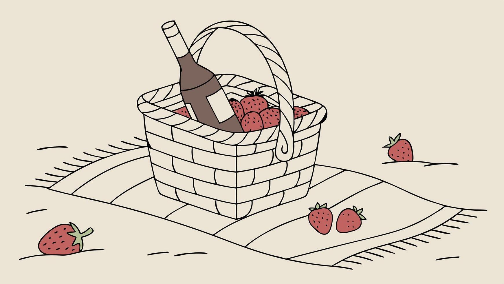 A charming outdoor picnic with fine wine and fresh fruit rests on a checkered cloth. vector