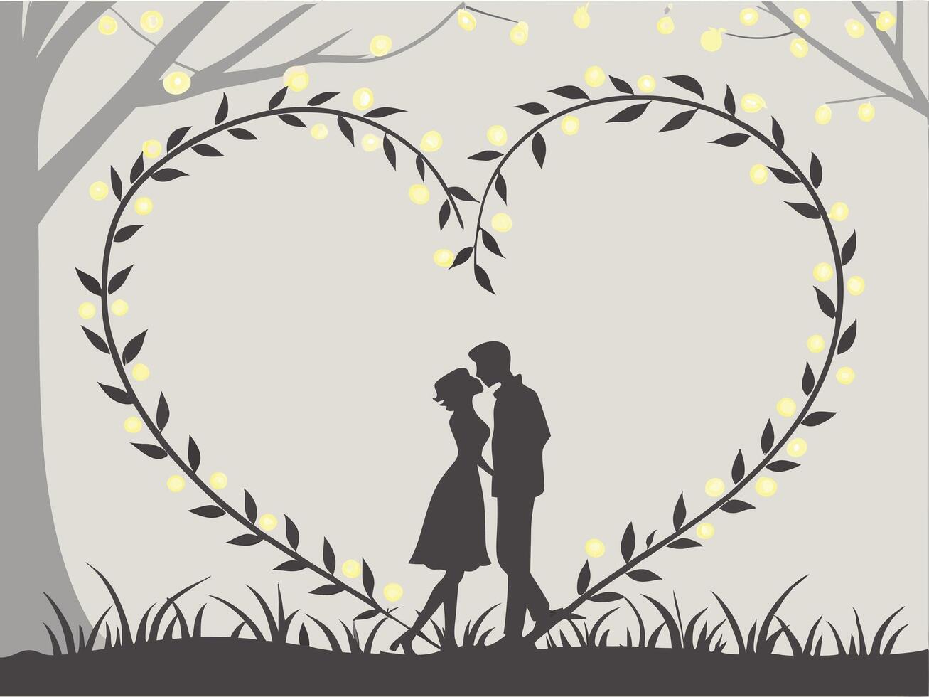 A heart-shaped frame made of twinkling fairy lights glows softly against a neutral gradient backdrop. vector