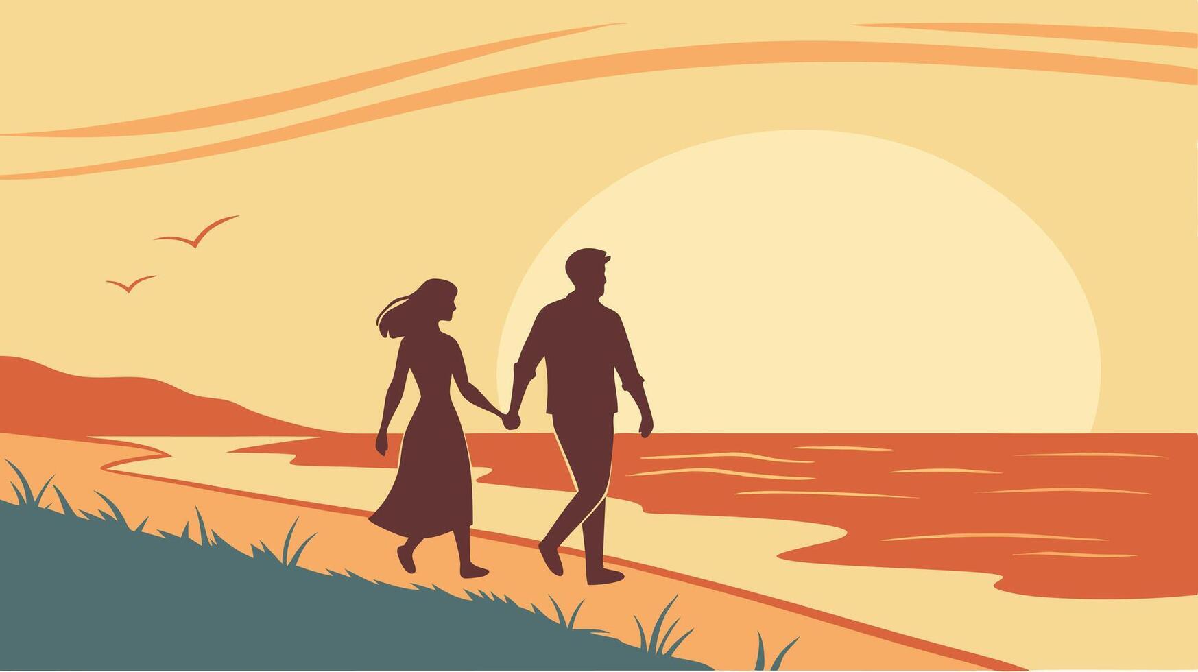 Silhouetted lovers walk side by side on a tranquil beach at dusk. vector