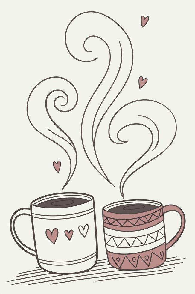 Cozy mugs with gently rising steam create a heart-shaped silhouette in the air. vector