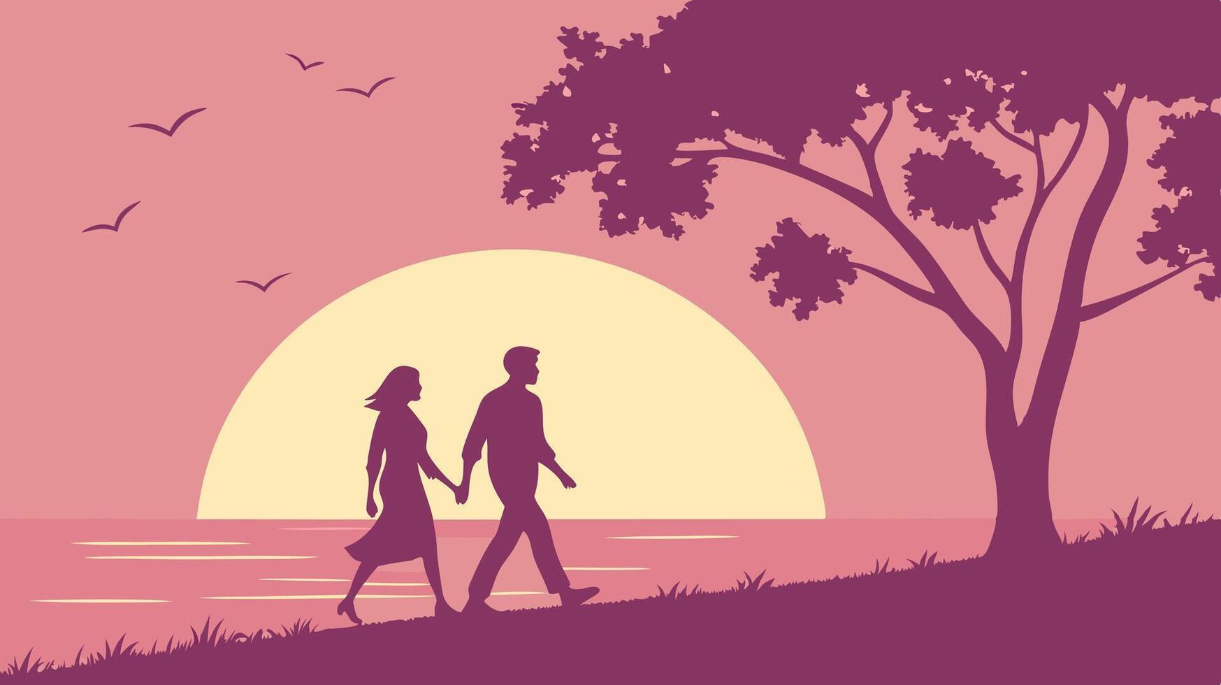 The golden light of sunset sets the backdrop for a romantic seaside walk. vector