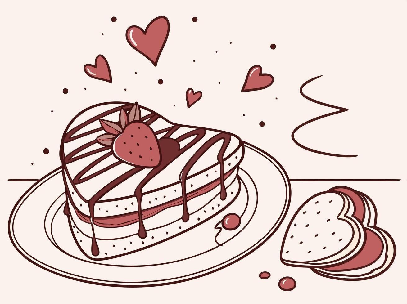 A romantic dessert setup highlights a heart cookie surrounded by chocolate sauce. vector