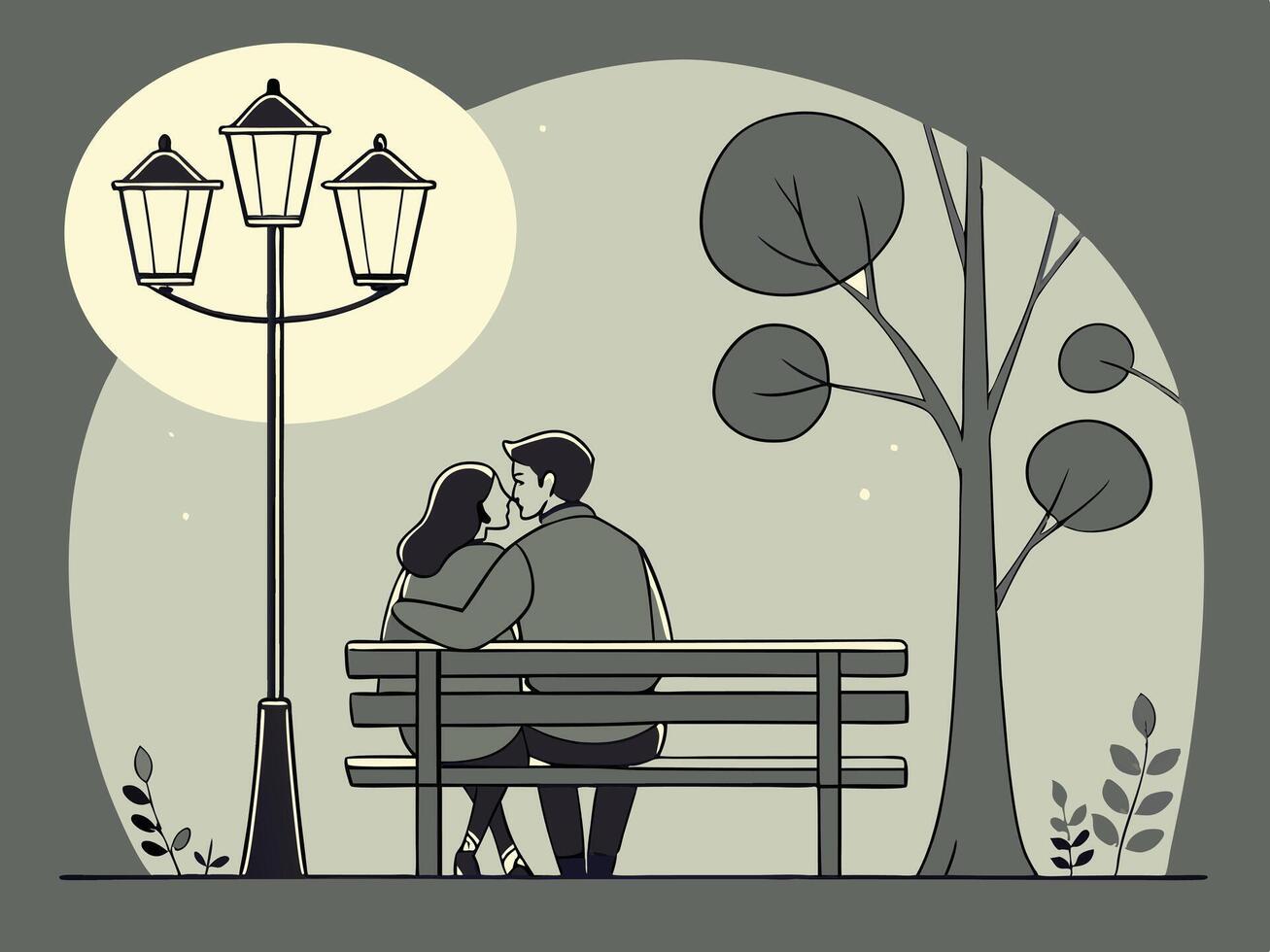 A couple sitting closely on a park bench under glowing streetlights. The scene is framed so that the quiet background allows space for text. vector