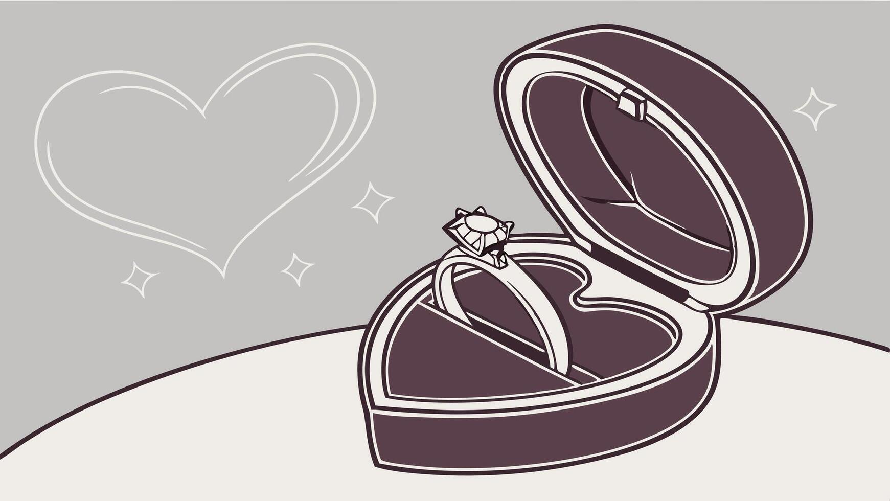 A velvet-lined heart box sits open, exposing a shimmering engagement ring. vector