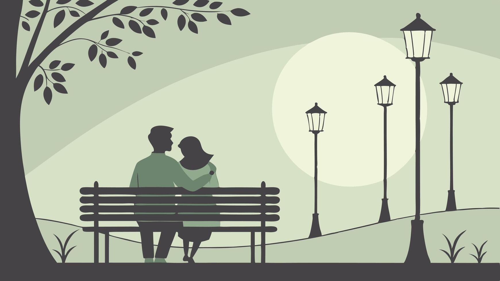 A peaceful evening scene captures two people sitting on a bench, lost in conversation. vector