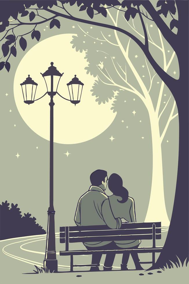 A couple sits closely together on a park bench, silhouetted under glowing streetlights. vector