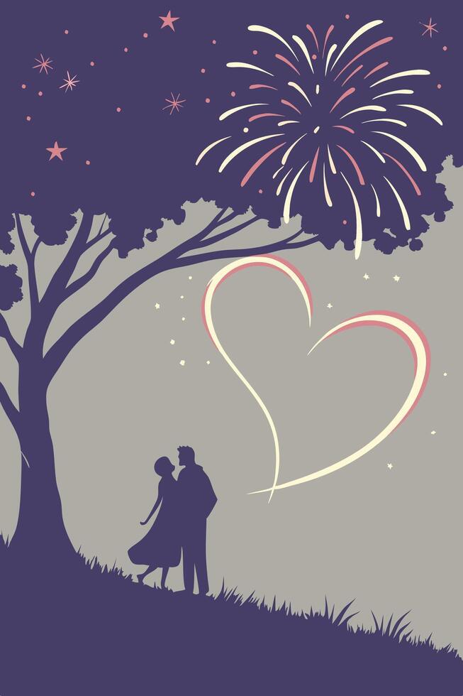 A sparkling heart shape illuminates the darkness as a hand twirls a firework. vector