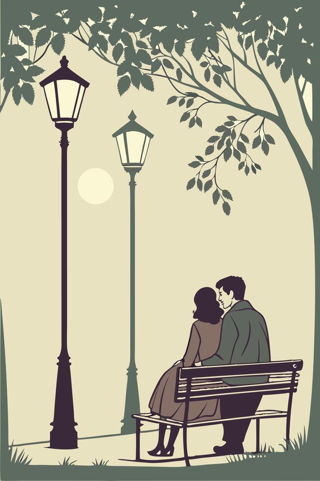 The silhouettes of a couple blend into the quiet ambiance of a softly lit park. vector