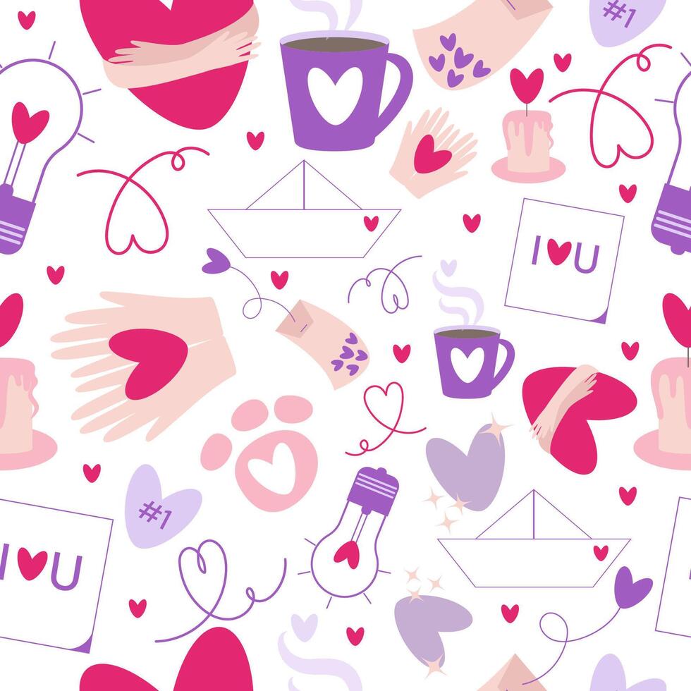 Doodle Valentines day, love season pastel seamless pattern with heart shape elements such as cup, bulb, tea bag, sticker, candle, hands, pet paw, boat. vector