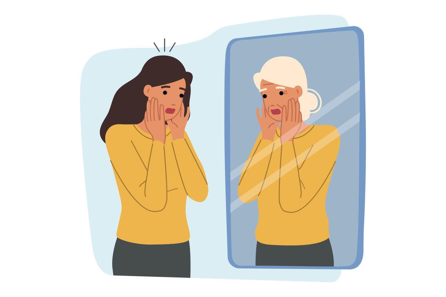 Woman experiences fear of aging, looks in mirror and sees gray hair and wrinkles on face vector