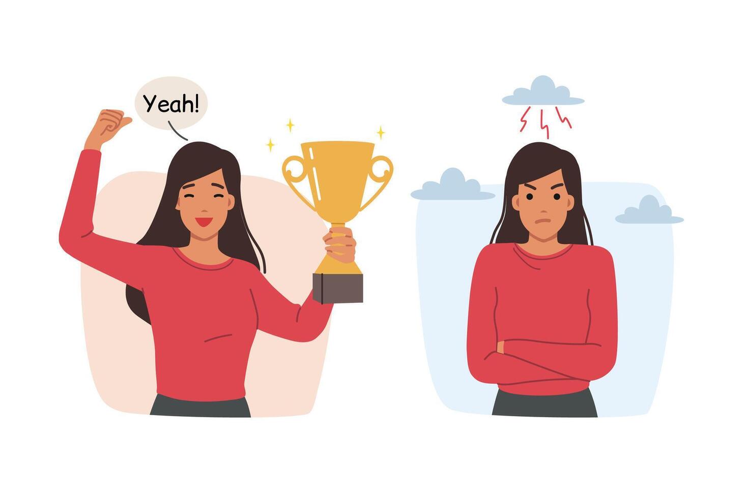 Winner woman shouts yeah and holds cup in hands, standing near losing competitor vector