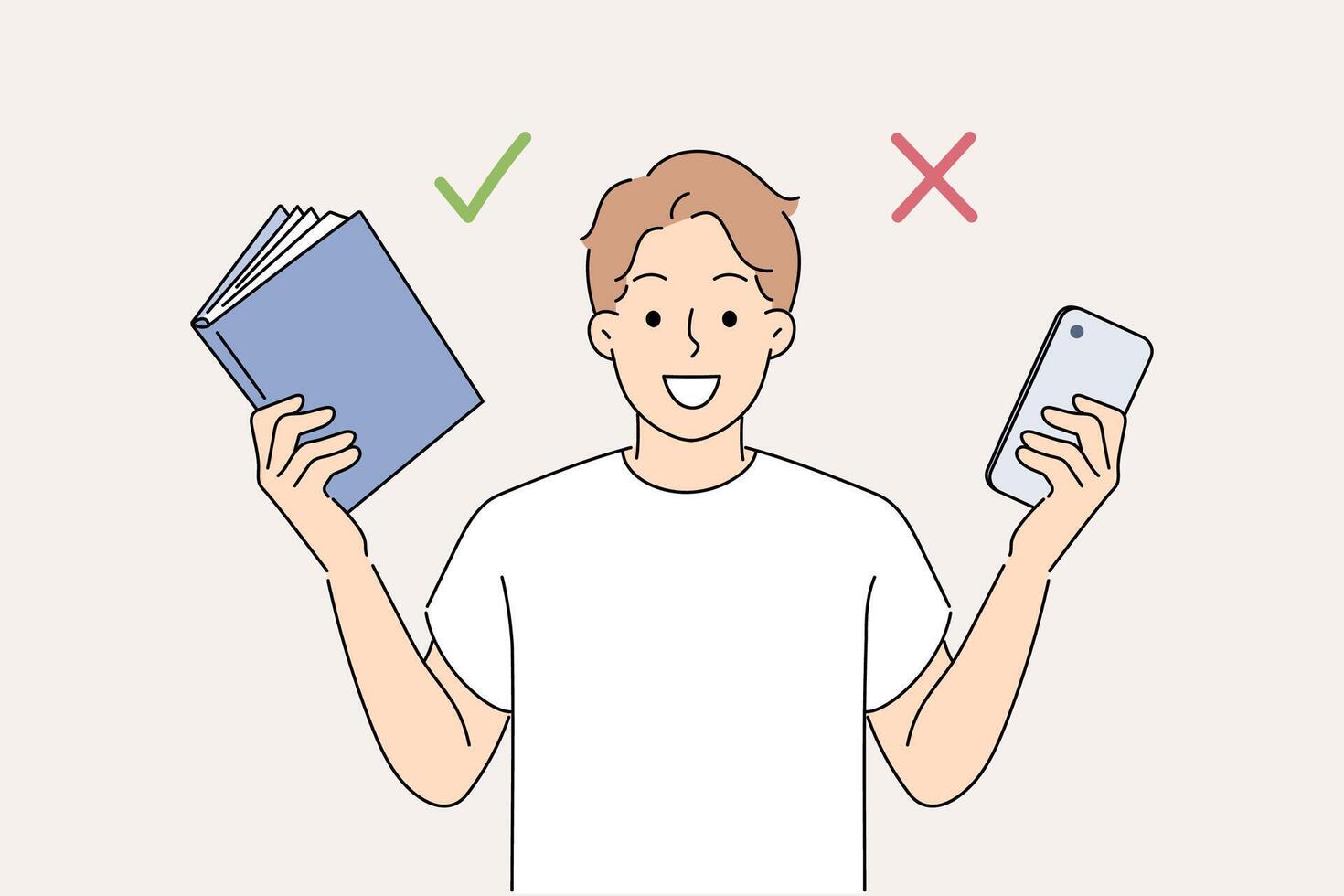 Man chooses between book and mobile phone to spend free time or reading educational literature vector
