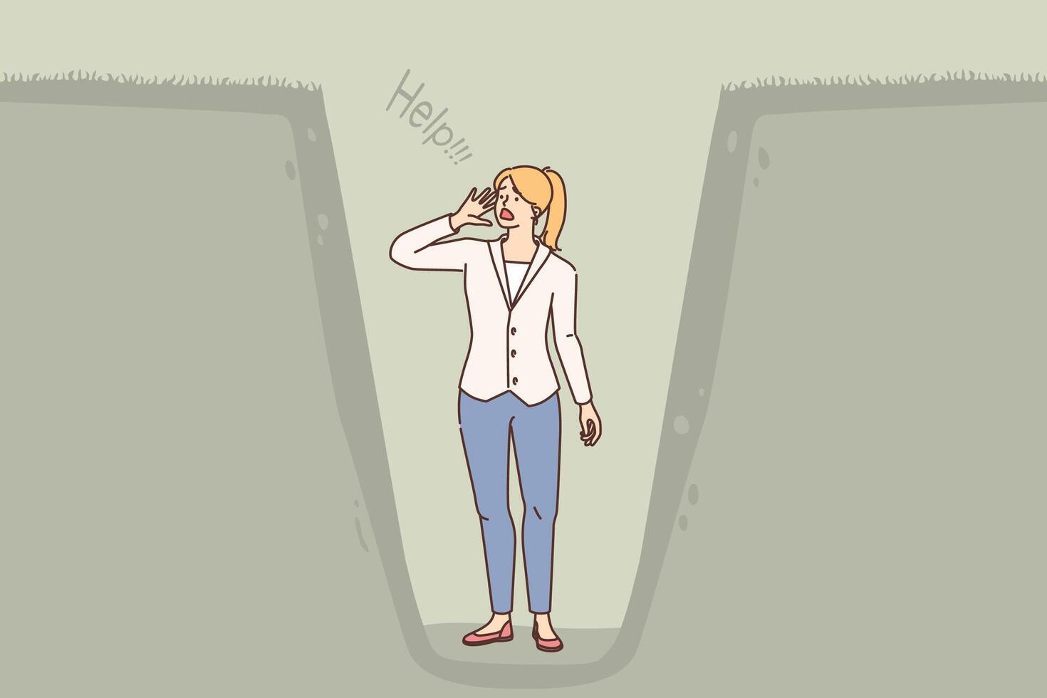 Business woman caught in trap screams help, standing in deep hole in need of rescue operation vector