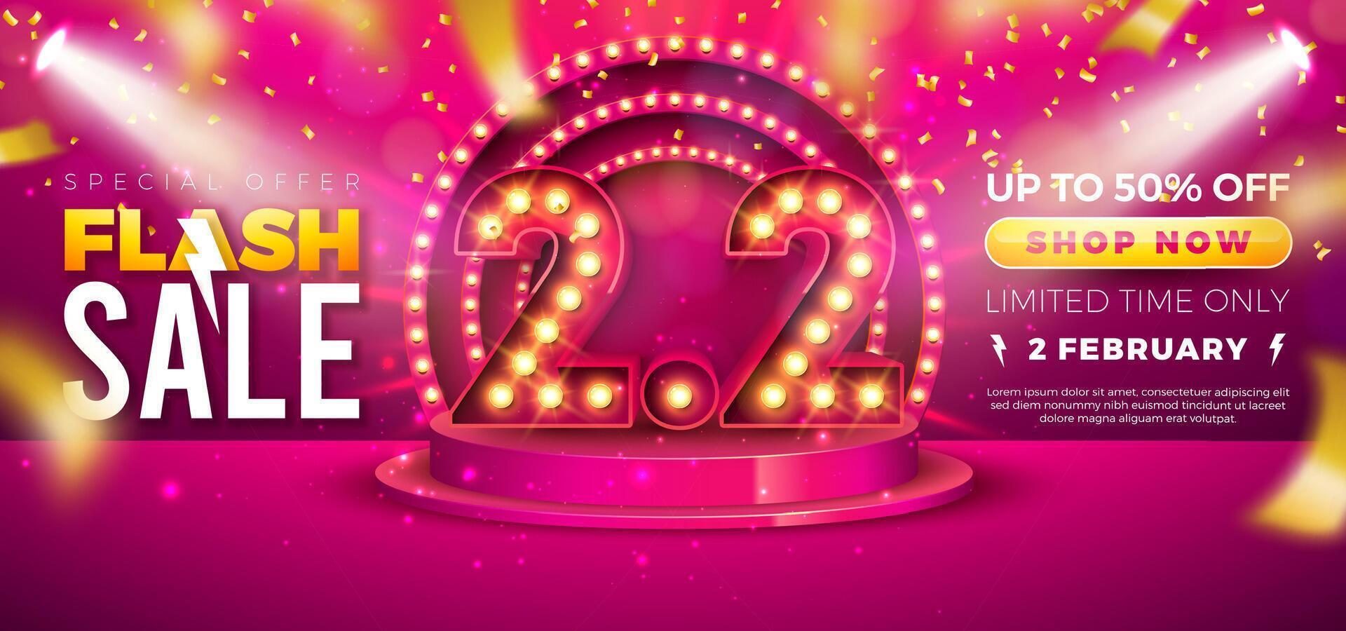 2 February Shopping Day Flash Sale Design with 3d 2.2 Light Bulb Billboard Number and Stage Podium on Red Background. Special Offer 50 Percent Off Campaign Discount Illustration for Coupon vector