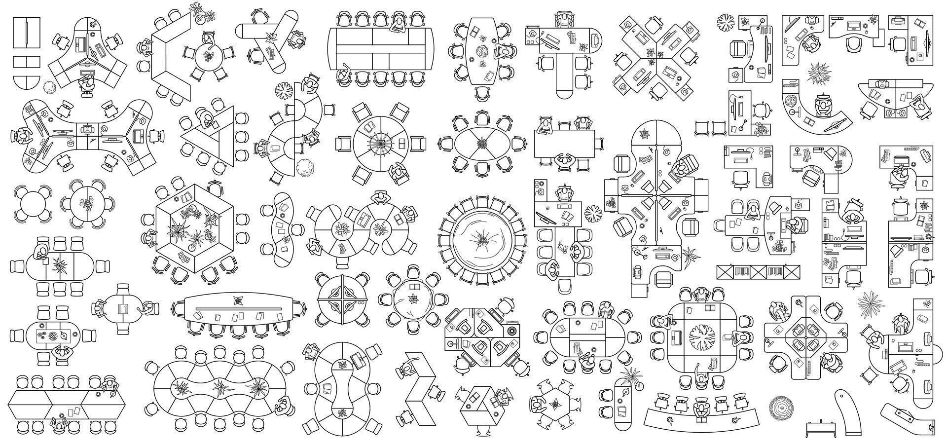 Set of modular office desks, interior layout of the cabinet. Floor plan, top view, collection of working tables, chairs, office furniture thin line icons for planning vector