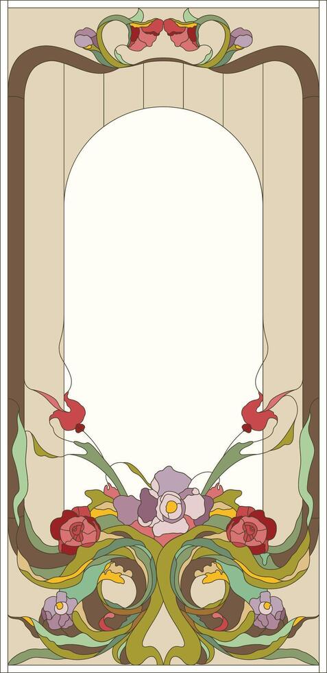 Stained glass panel in a rectangular frame, abstract floral arrangement of buds and leaves in the art Nouveau style vector