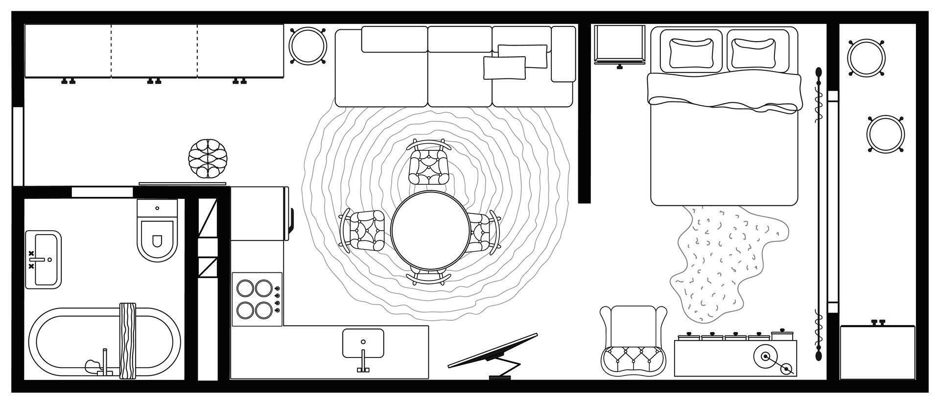 Apartment floor plan. Micro studio plan of condominium, flat, house. Interior design of kitchen, living room, bedroom and bathroom. Furniture elements set vector