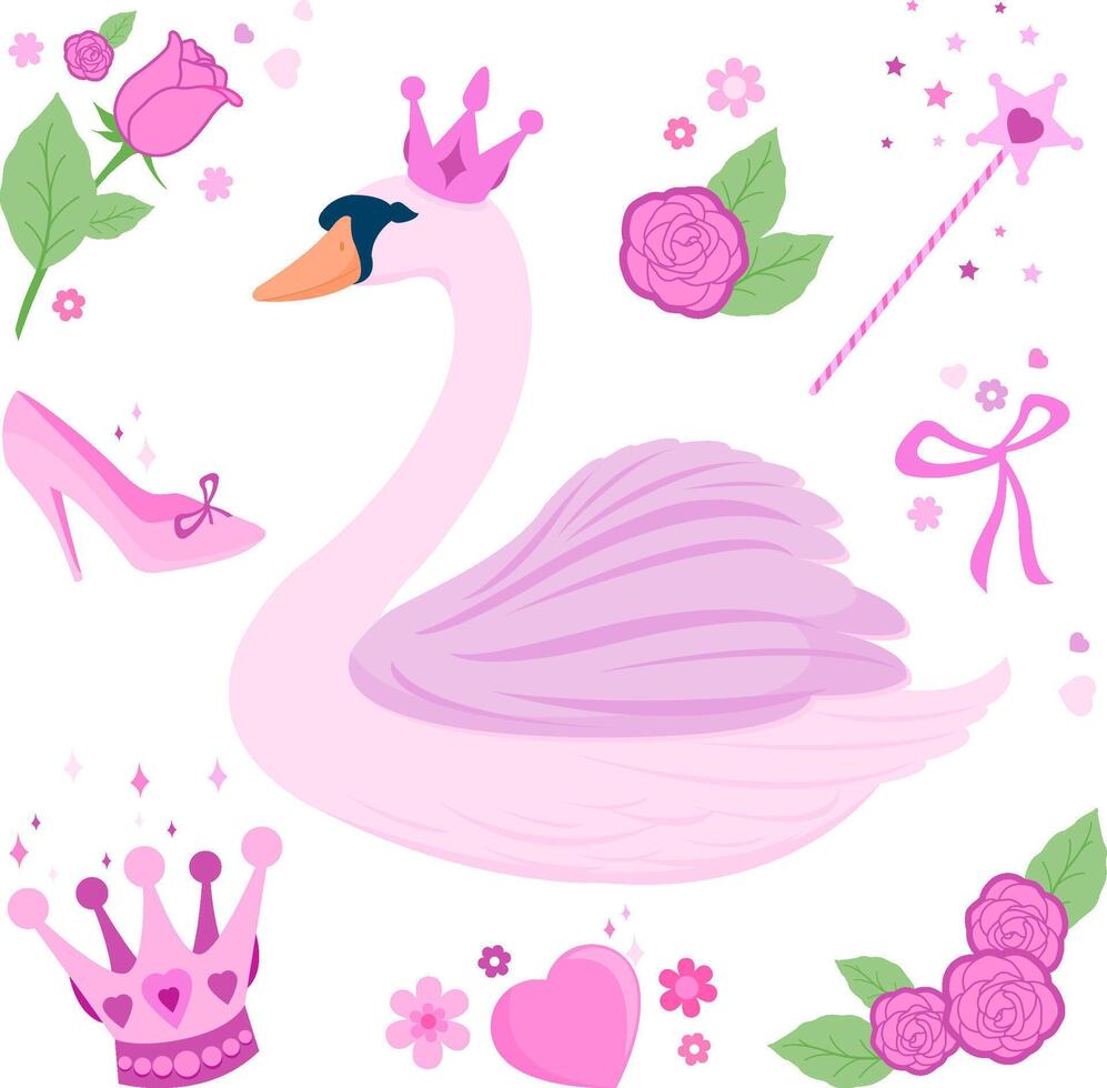Swan princess fairy tale set. Beautiful pink swan lake bird collection. Cute swan set. vector