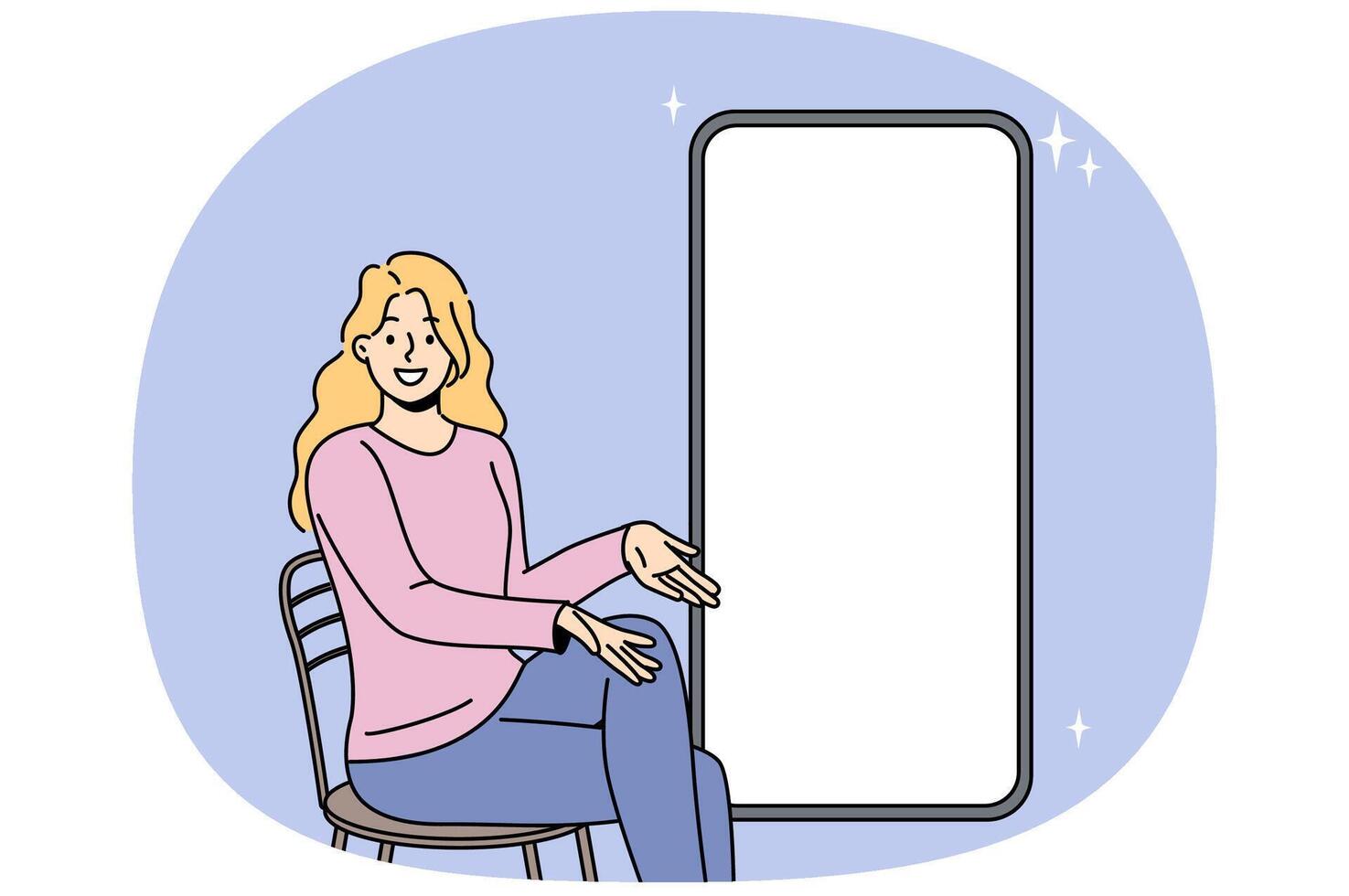 Woman near mock up phone with blank white screen offers to place advertisement on gadget display vector