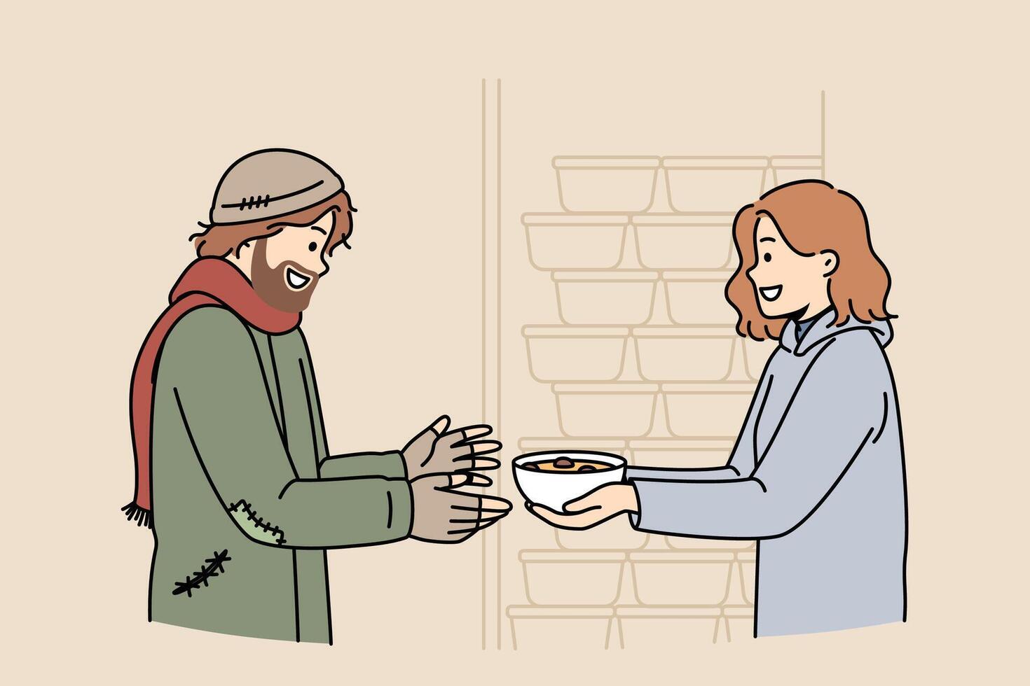 Woman volunteer feeds homeless man who came to shelter for help and hot meals, standing near plates vector
