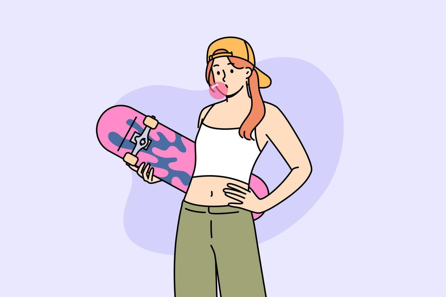 Teen girl with skateboard, inflates bubble from gum, demonstrating involvement in youth subculture vector