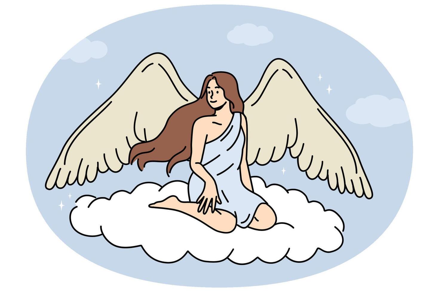 Woman angel with large wings sits on flying cloud in heaven, symbolizing innocence and purity vector