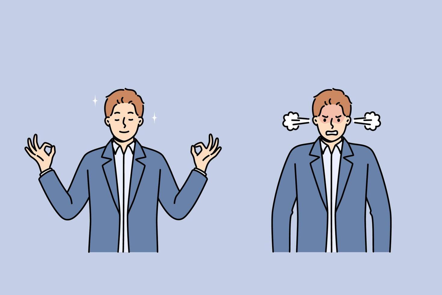 Calm meditating man turns into angry businessman due to constant problems in career vector