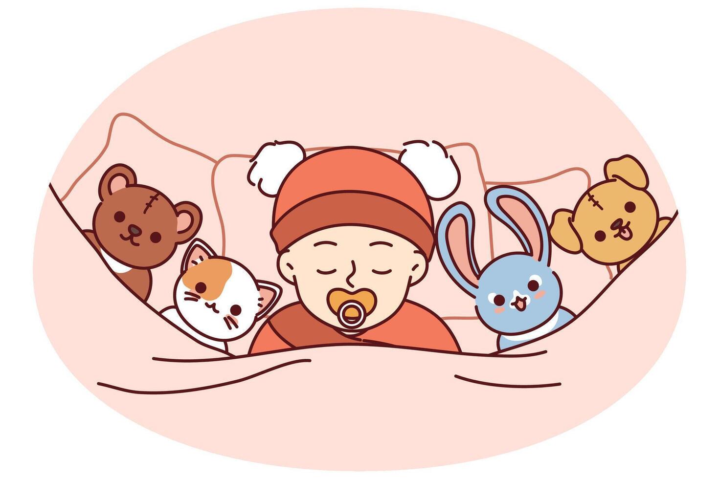 Newborn baby sleeps soundly in bed among toys or sucks on pacifier for concept of child care vector