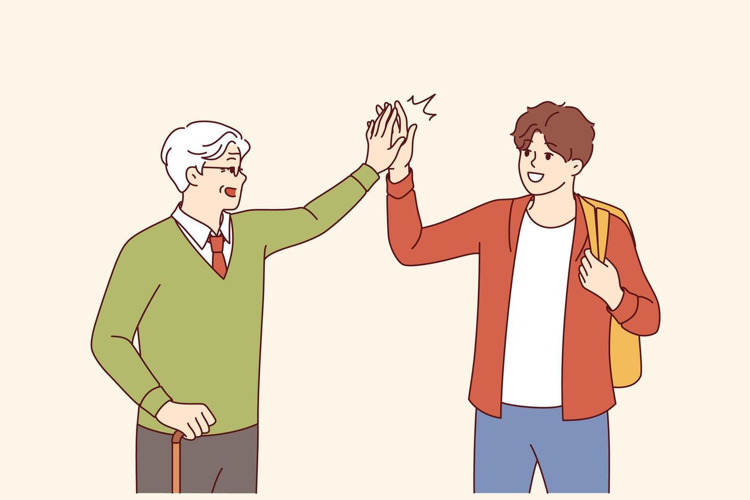 Intergenerational friendship between teenager and old man high-fiving each other as sign solidarity vector