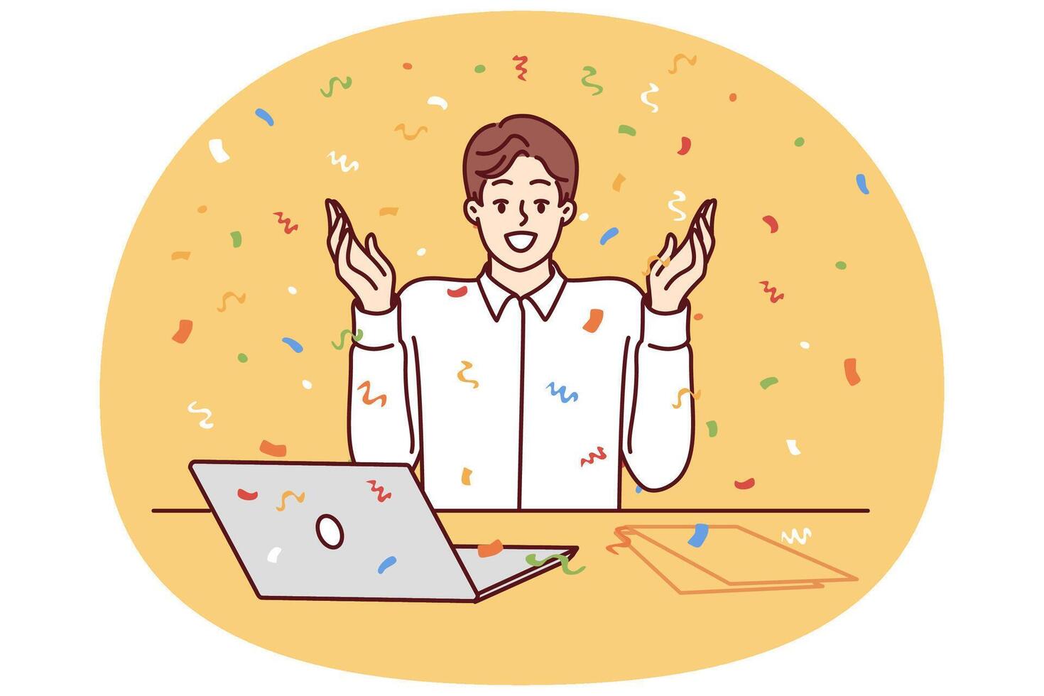 Happy man office worker with laptop raises hands up as sign of success and sits among confetti vector