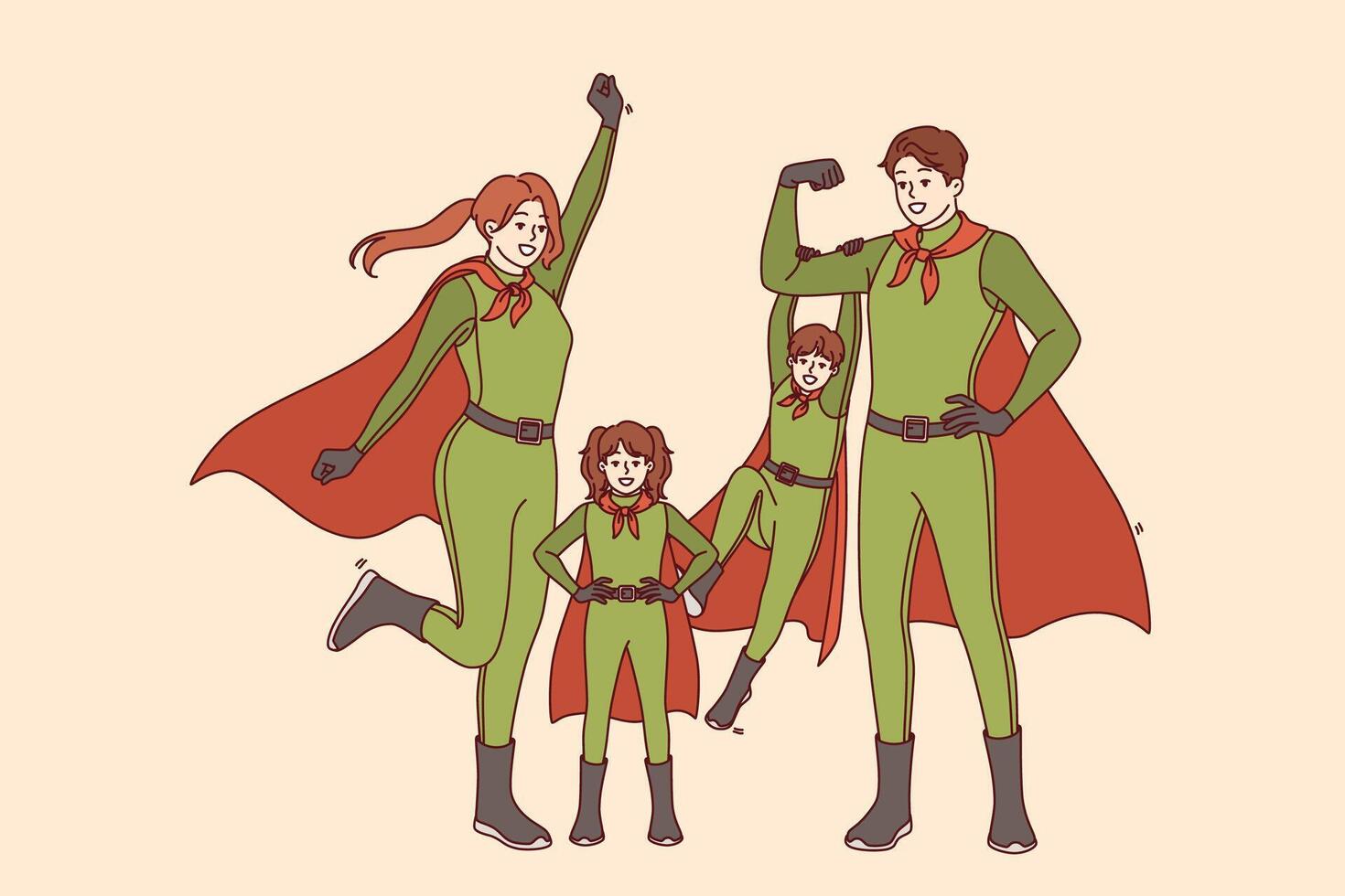 Family of superheroes in green suits with capes demonstrates readiness for heroic deeds vector
