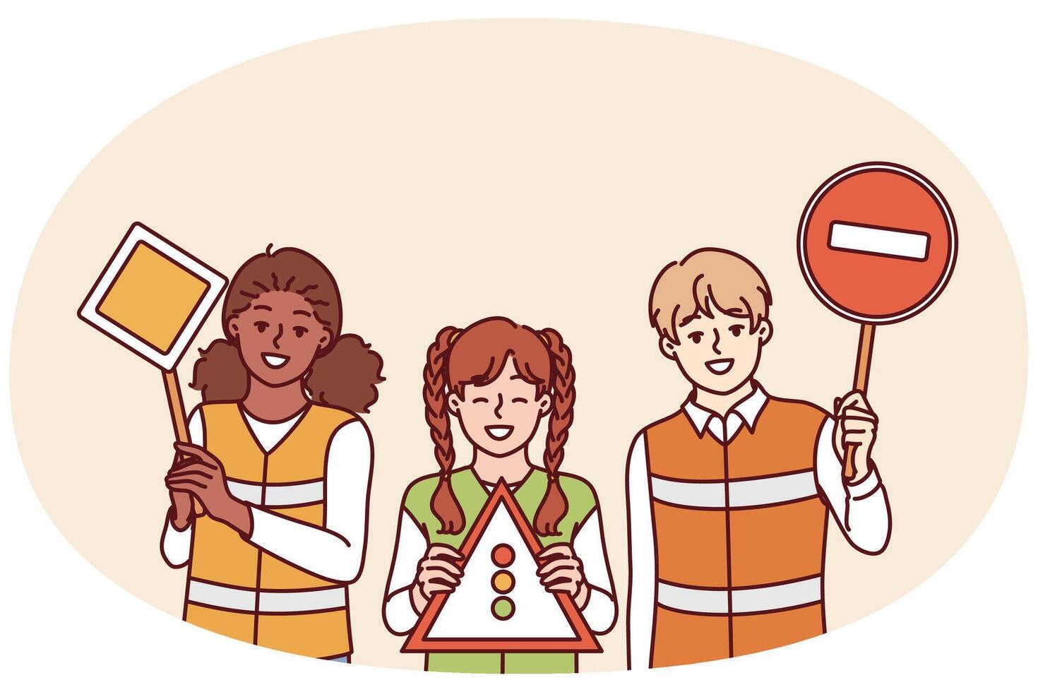 Children learning rules of road wear reflective vests and display traffic sign to help pedestrians vector
