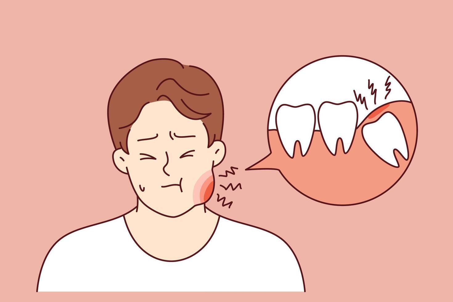Tooth pain causes inflammation of cheek in suffering man who needs dental help or painkillers vector