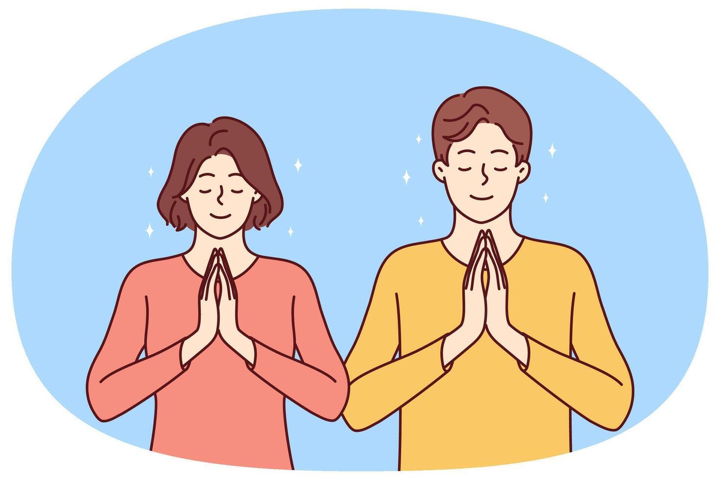 Praying man and woman fold palms in front of chests for joint prayer and religious ritual vector