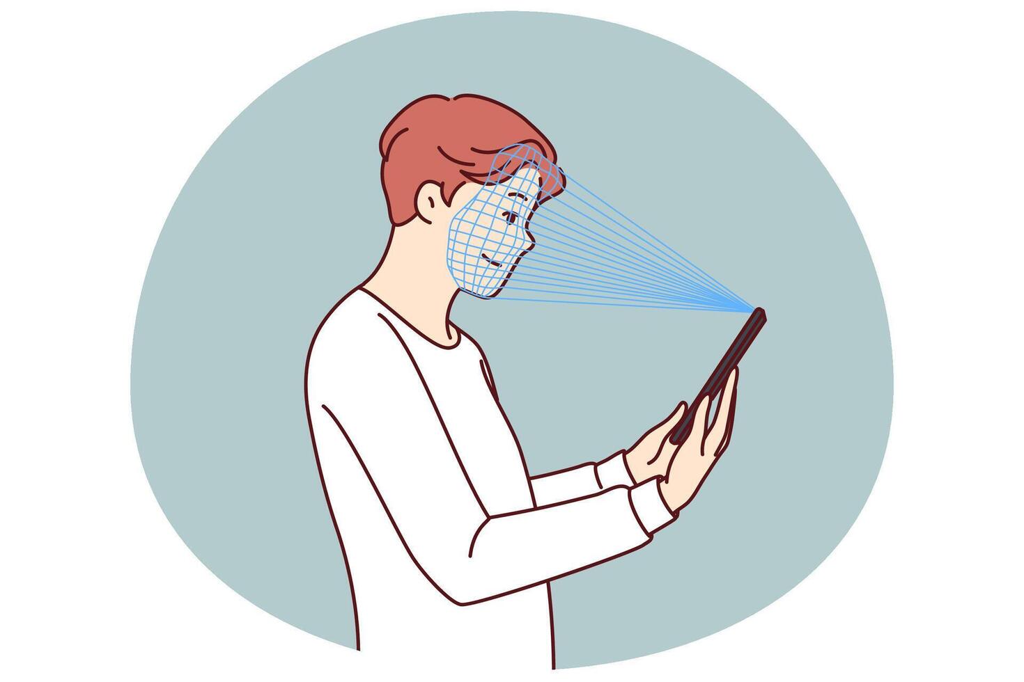 Man uses facial recognition feature on phone to pass verification and gain access to app vector