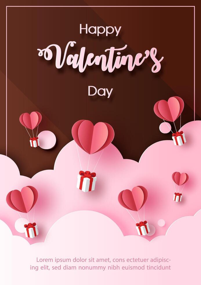Many gift box with heart balloon floating on pink big clouds in paper cut style with Valentine's day wording and example texts on dark chocolate color background. vector