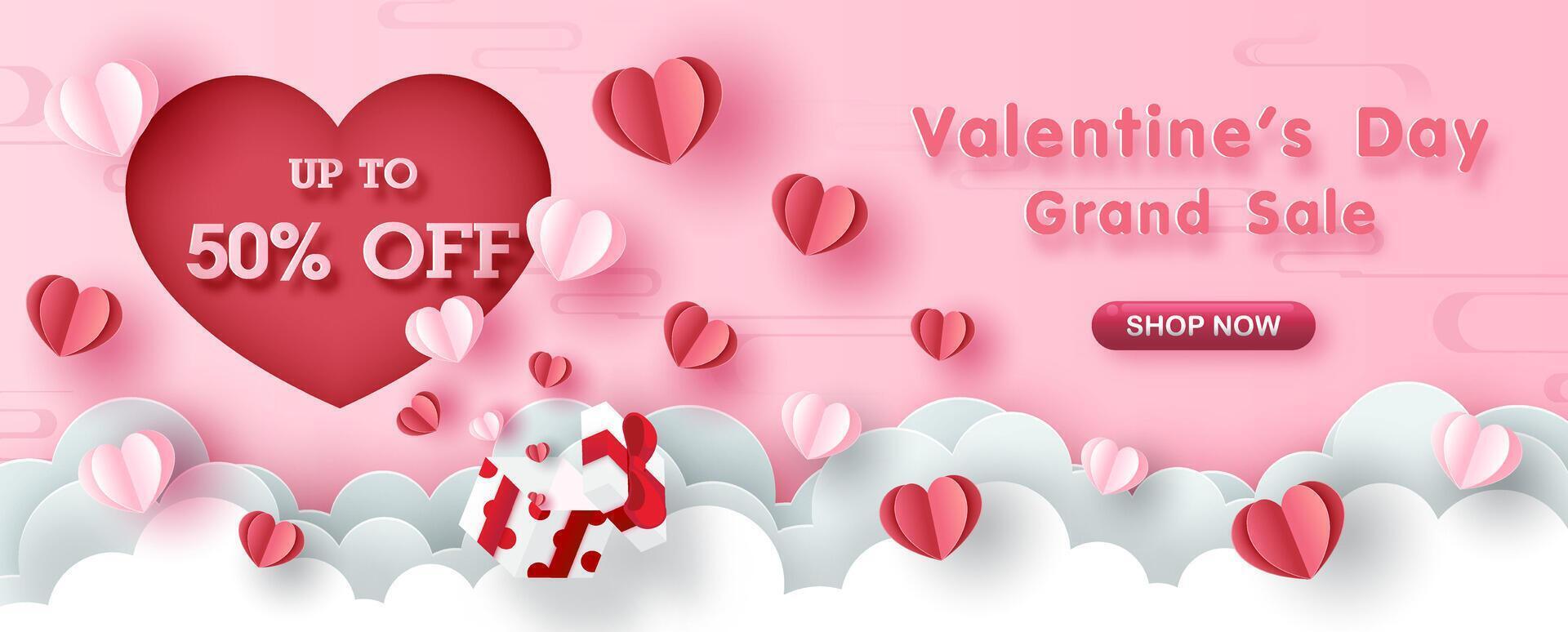 Valentine's day celebration web poster advertising design with open gift box and flying hearts on white clouds in paper cut style with Valentine's sale wording on pink background. vector