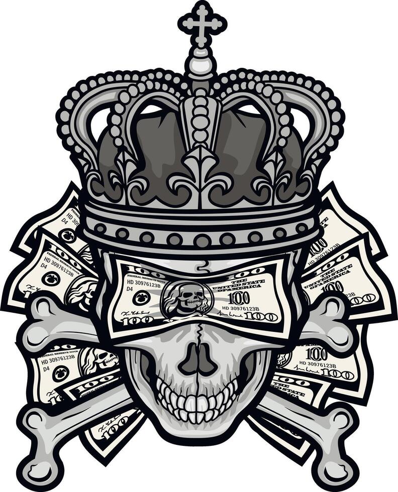 skull with crown and dollar banknote vector