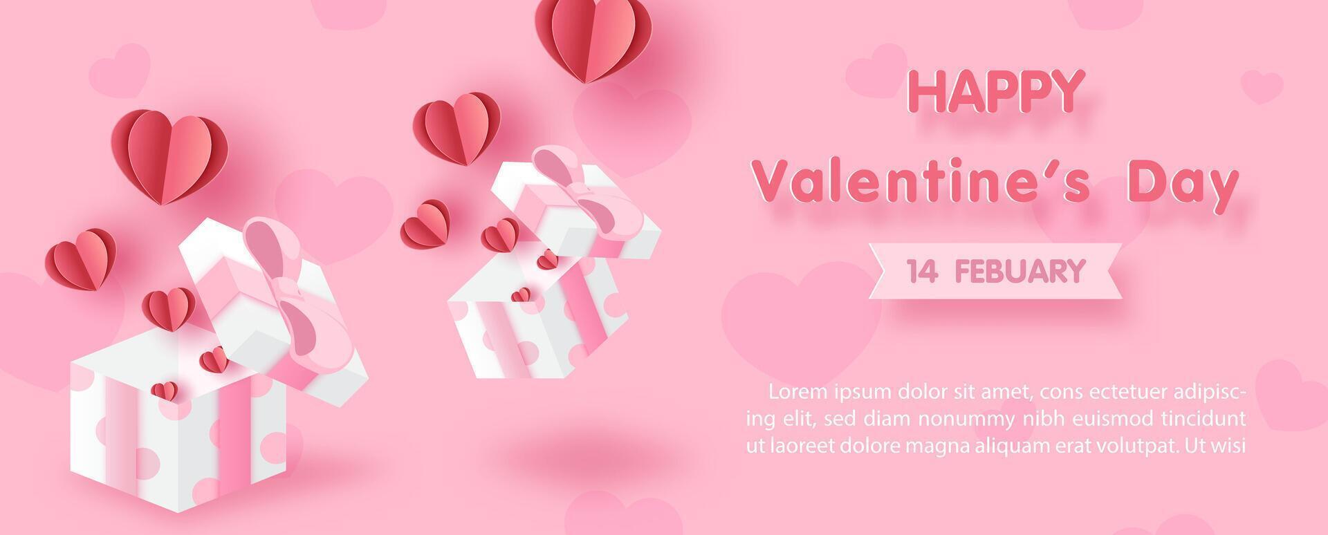 Valentine's day greeting card, web poster design with open gift box and flying red hearts with Valentine's day wording and example texts on pink background vector