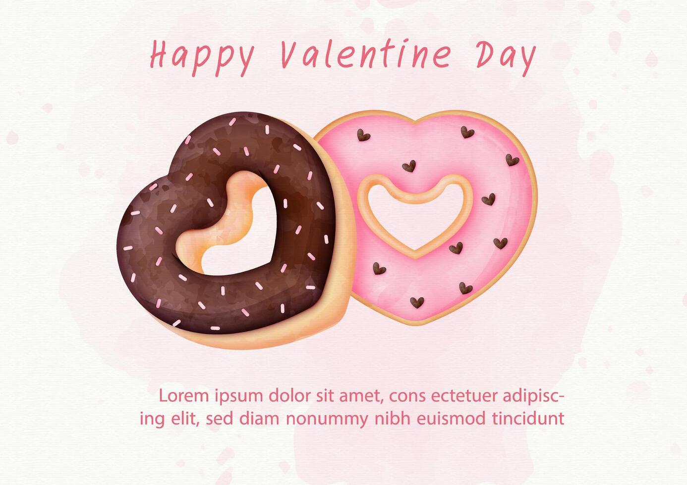 Valentine's day greeting card, web poster design with Sweet bakery doughnut in watercolors style with Valentine's day wording on pink watercolors background. vector