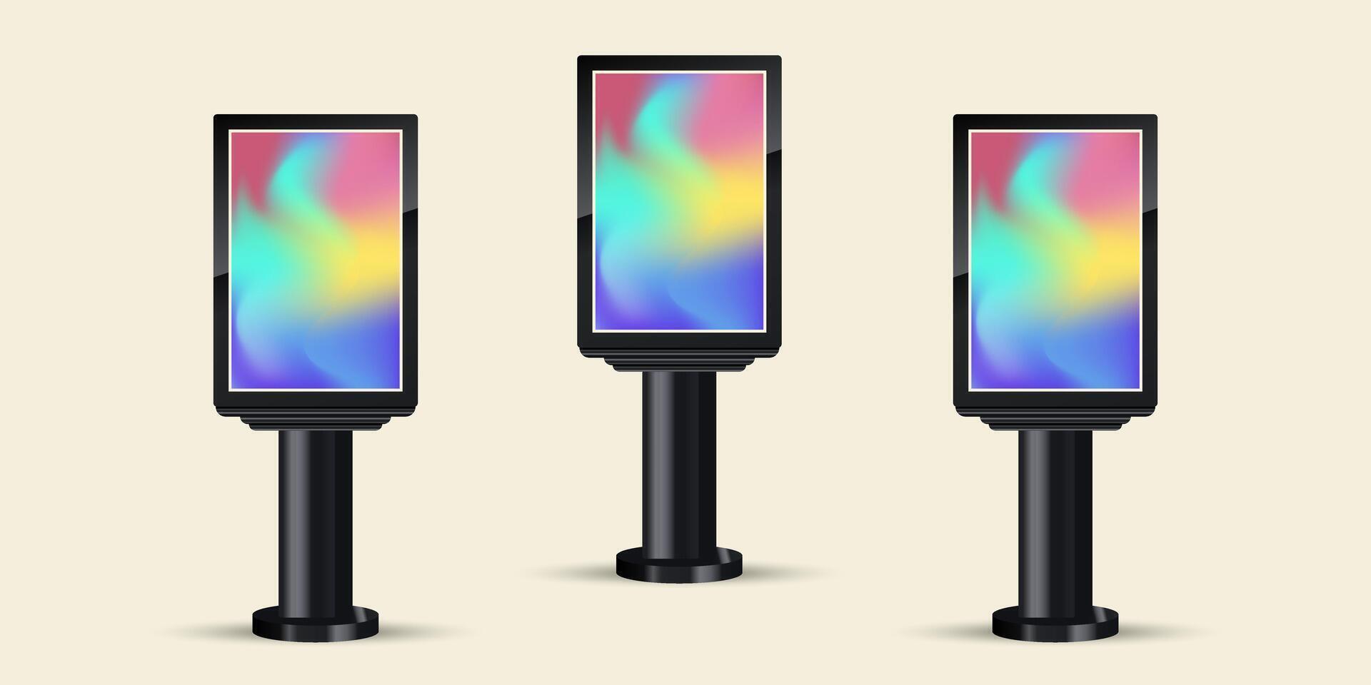 Three big Outdoor LED Screens Mock up with black realistic stand used in three display of outdoor-indoor street LED screens Mock up design. The TV LED. vector