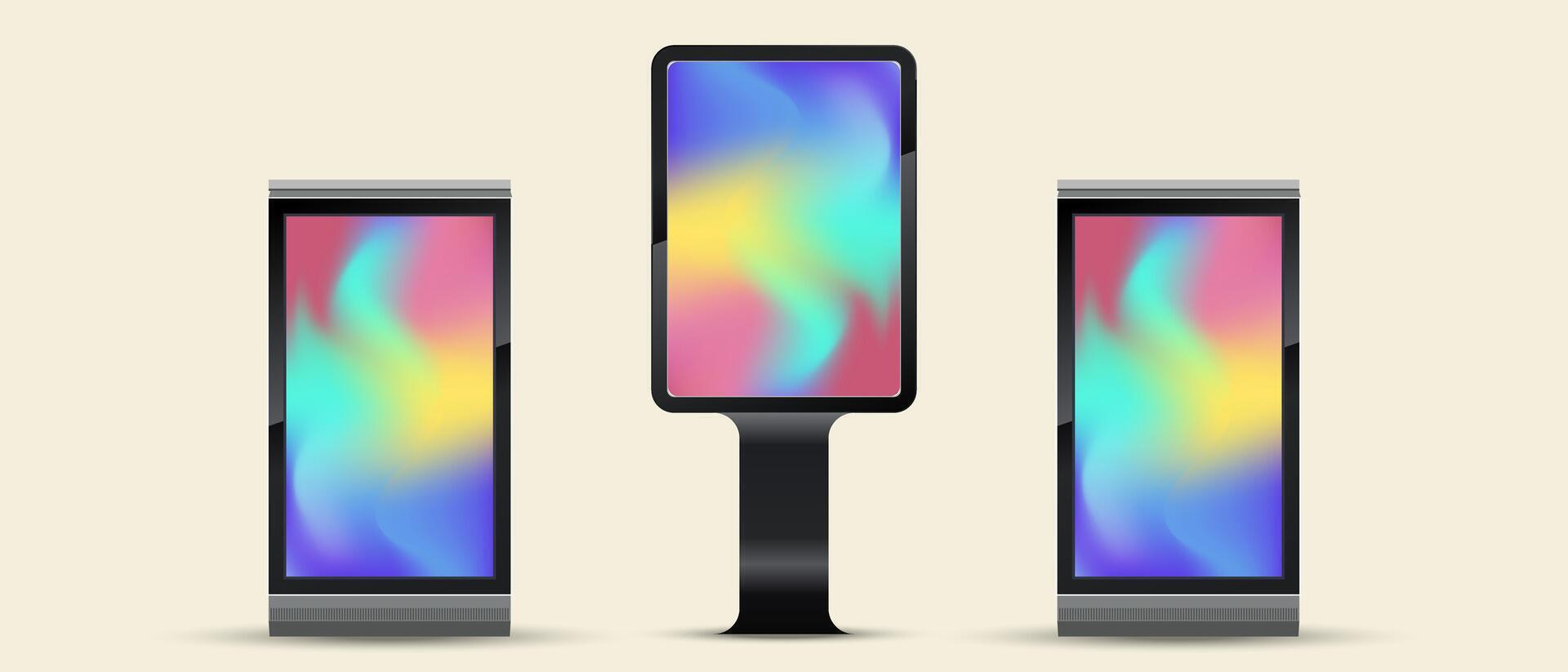 Group of Full color P3 Outdoor Large LED Screen Mock up with black realistic stand for outdoor and 3 indoor street LED screen Mock up design. The TV LED . vector