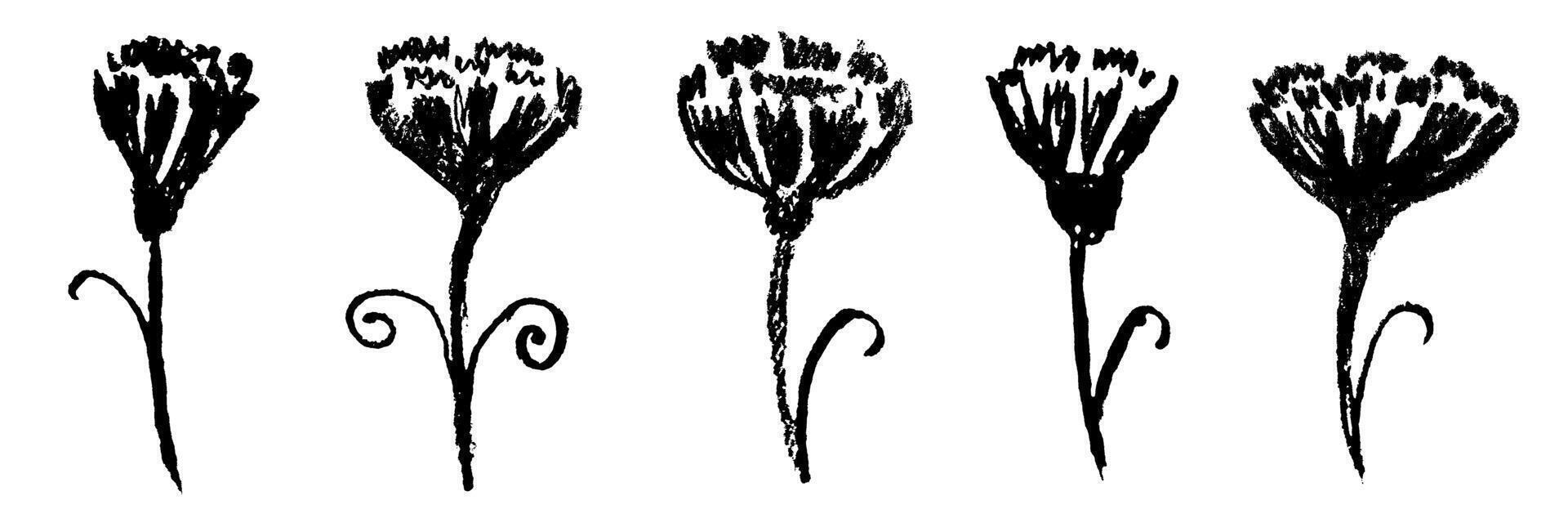 Set of hand drawn flowers with ink brush texture. vector